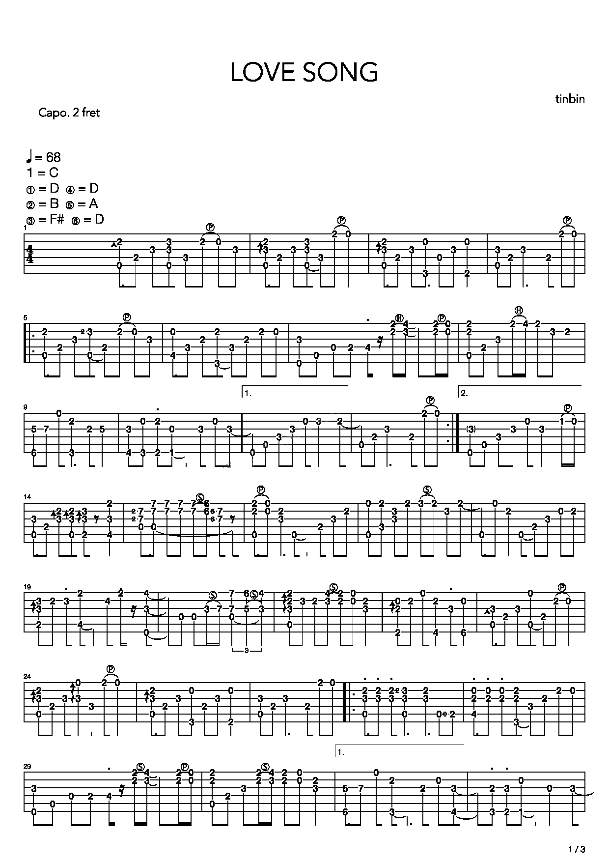 Love Song吉他譜_方大同_C調指彈/獨奏譜_圖譜1