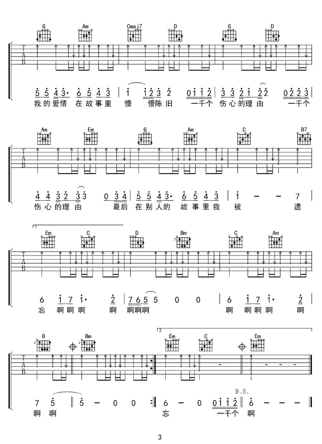 一千個(gè)傷心的理由吉他譜_張學(xué)友_G調(diào)和弦彈唱譜_原版_圖譜3