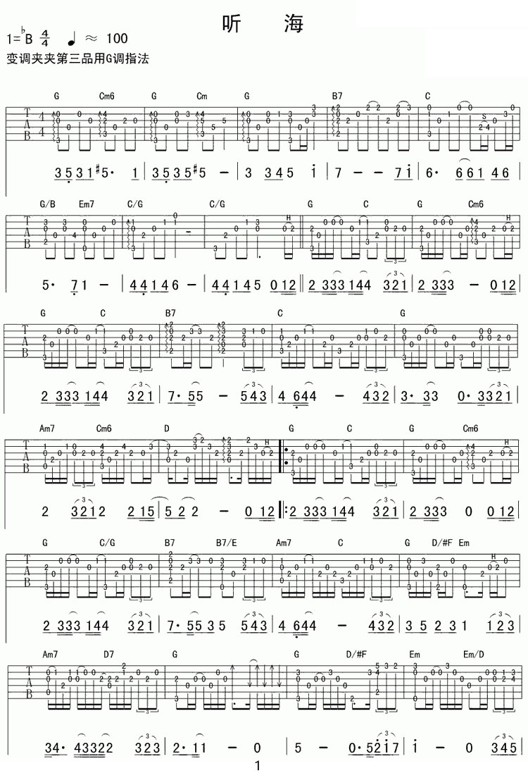 聽海吉他譜_張惠妹_G調(diào)指彈/獨奏譜_圖譜1