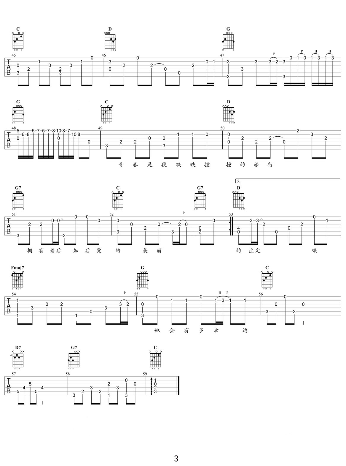 小幸運吉他譜_田馥甄_C調指彈/獨奏譜_完美版_圖譜3