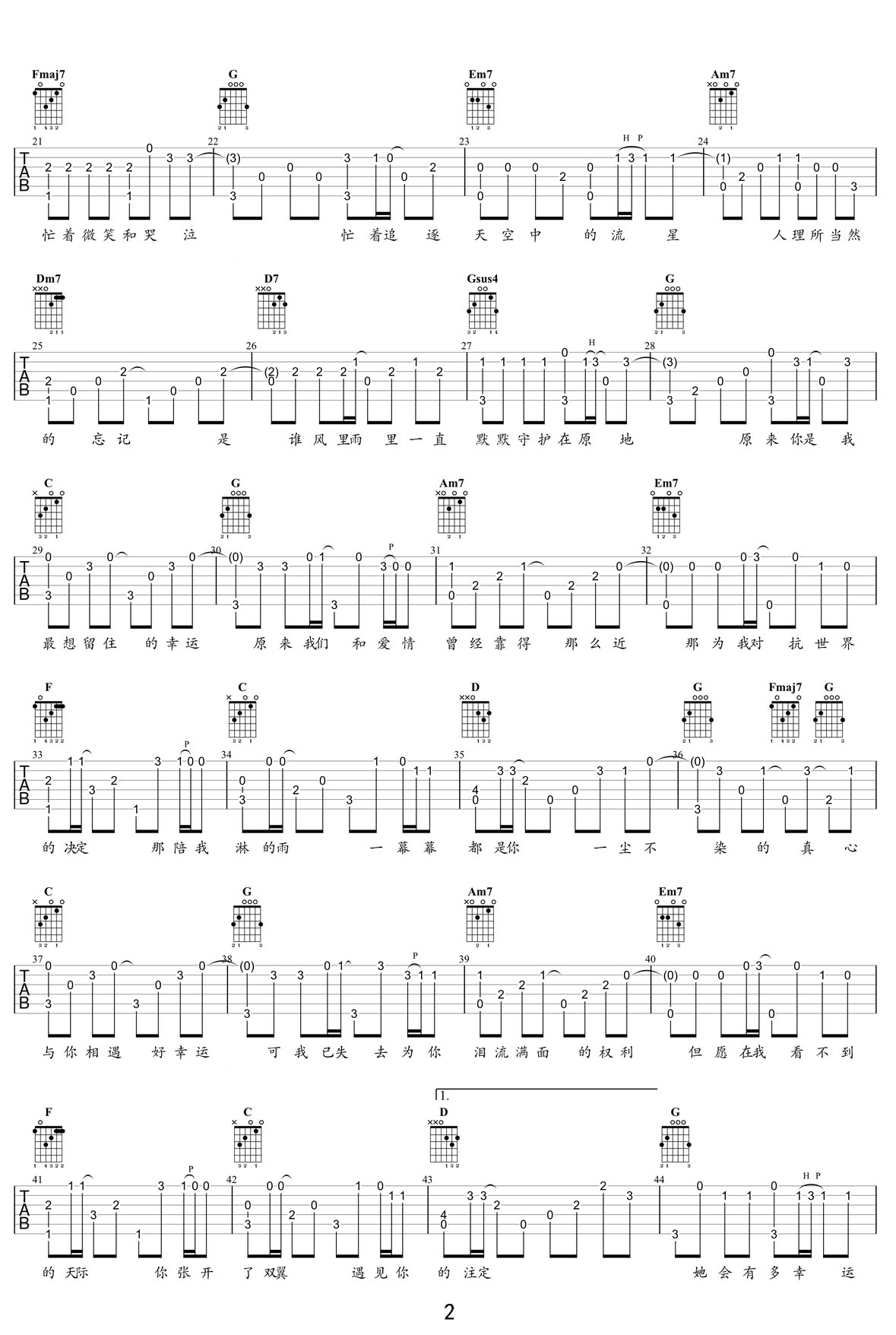 小幸運吉他譜_田馥甄_C調指彈/獨奏譜_完美版_圖譜2