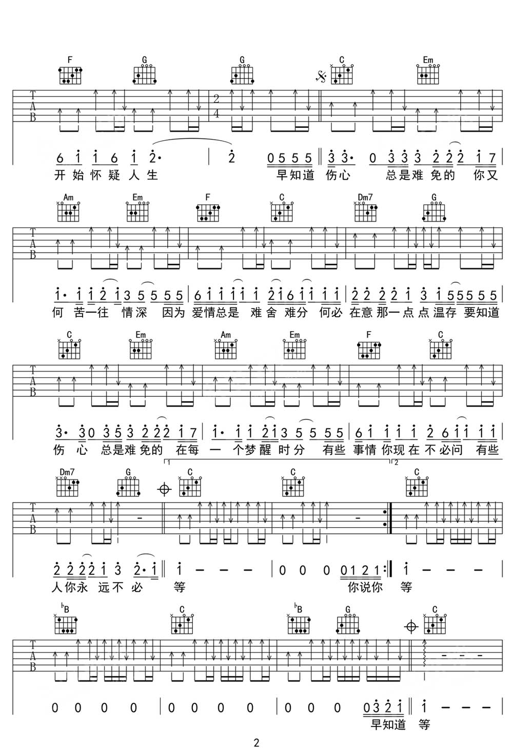 夢(mèng)醒時(shí)分吉他譜_迪克牛仔_C調(diào)和弦彈唱譜_掃弦版_圖譜2