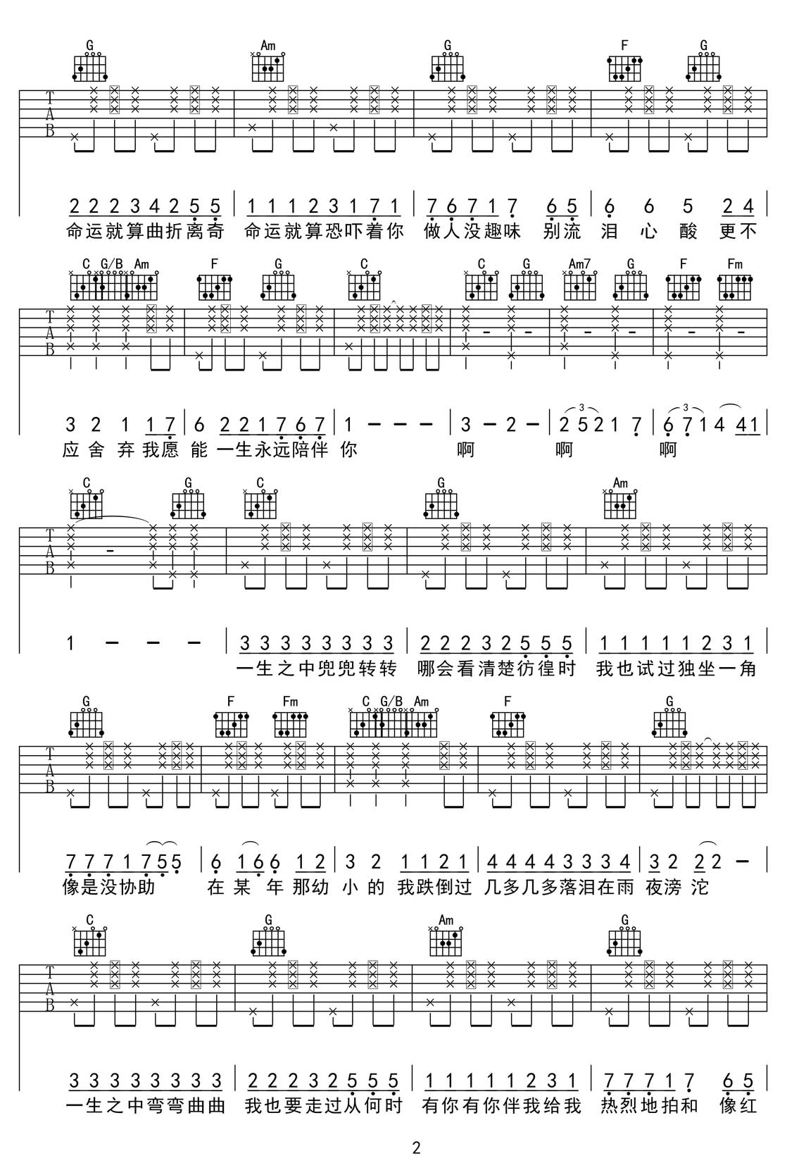 紅日吉他譜_李克勤_C調和弦彈唱譜_高清重制_圖譜2