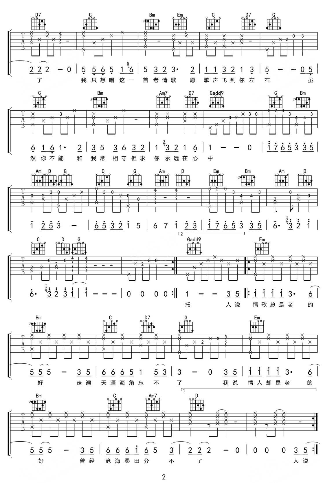 老情歌吉他譜_呂方_G調(diào)和弦彈唱譜_重制版帶前奏_圖譜2