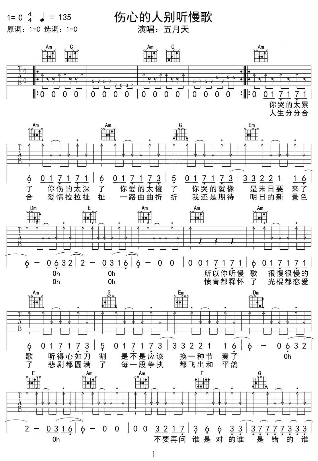 傷心的人別聽慢歌c調自扒吉他譜_五月天_C調和弦彈唱譜_最新改編_圖譜1