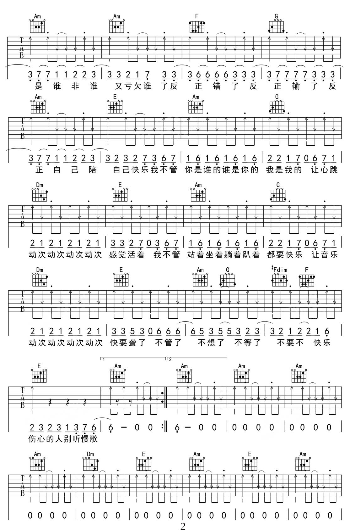 傷心的人別聽慢歌c調自扒吉他譜_五月天_C調和弦彈唱譜_最新改編_圖譜2