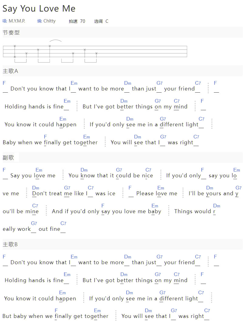 say you love me吉他譜_MYMP樂(lè)隊(duì)_C調(diào)和弦彈唱譜_圖譜1