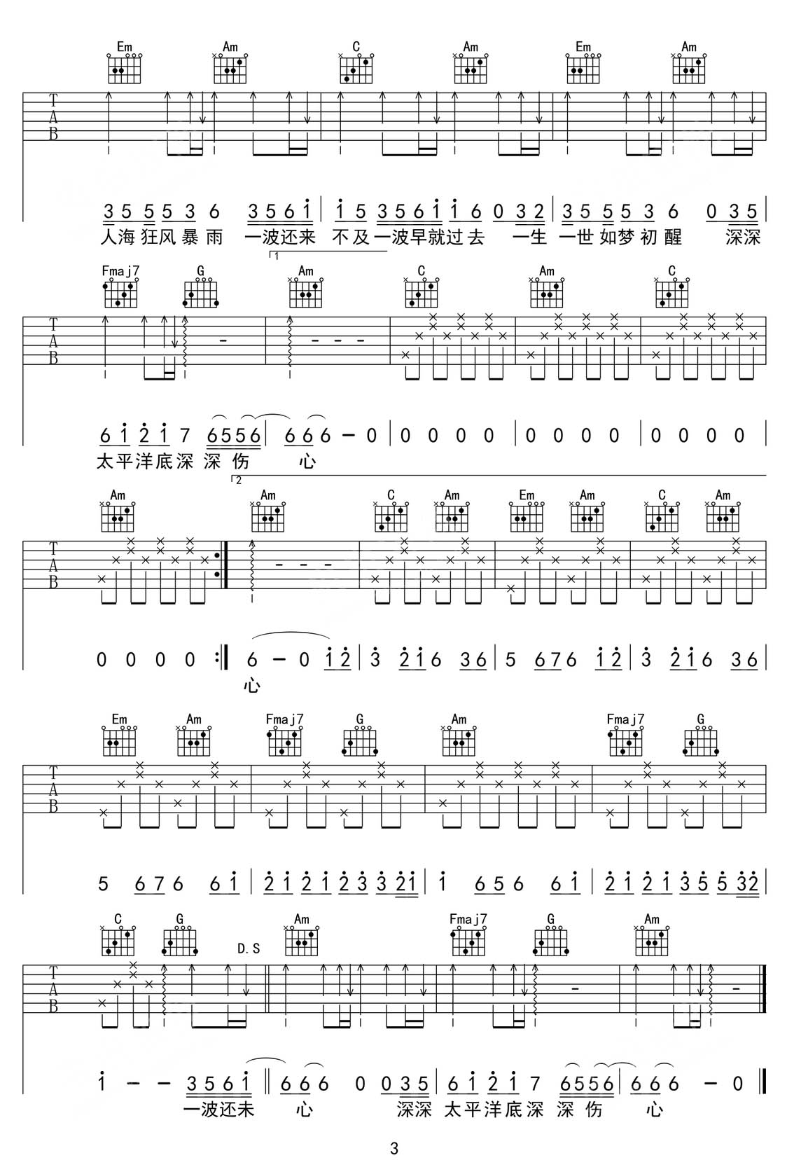 傷心太平洋吉他譜_任賢齊_C調和弦彈唱譜_神雕俠侶片尾曲_圖譜3