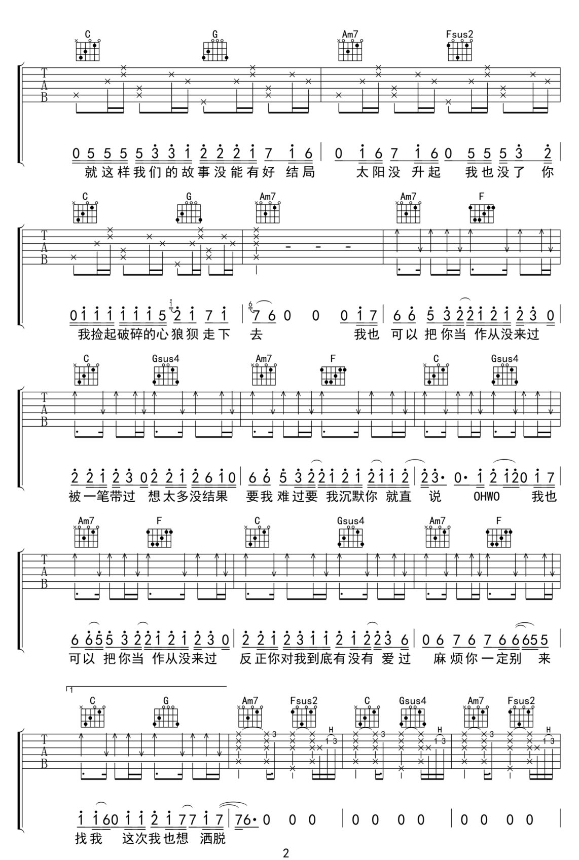 好想抱住你吉他譜_程jiajia_C調(diào)和弦彈唱譜_完整版_圖譜2