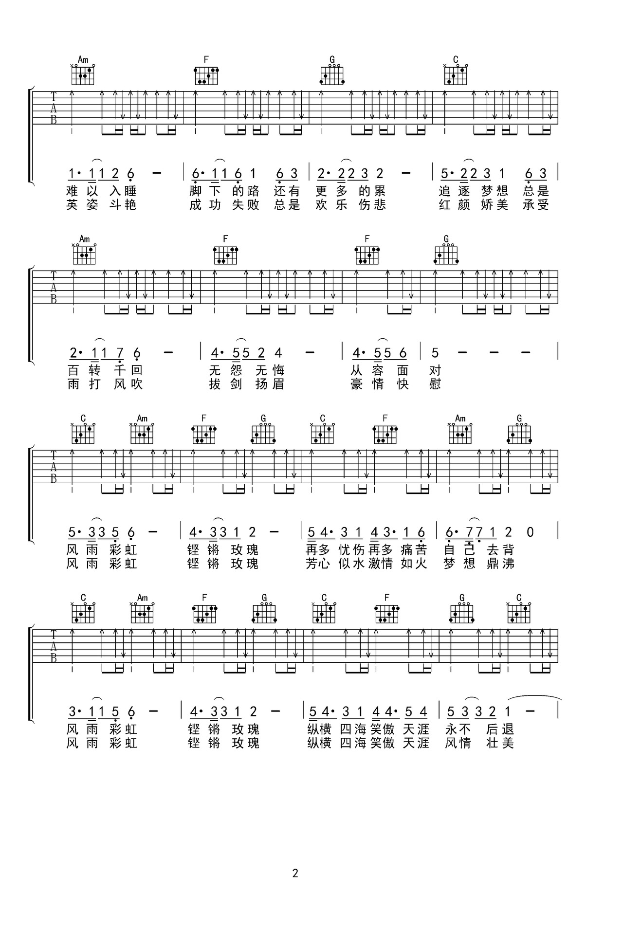 風雨彩虹鏗鏘玫瑰吉他譜_田震_C調和弦彈唱譜_完美版_圖譜2