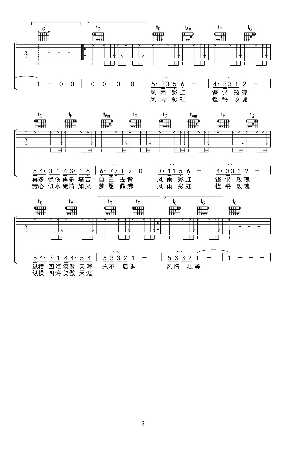 風雨彩虹鏗鏘玫瑰吉他譜_田震_C調和弦彈唱譜_完美版_圖譜3