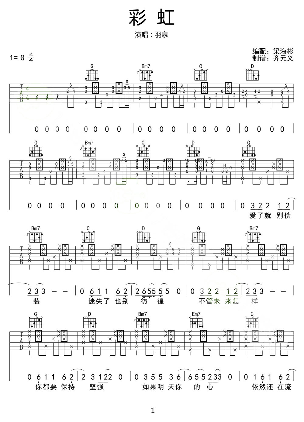 彩虹吉他譜_羽泉_G調和弦彈唱譜_拍弦版_圖譜1