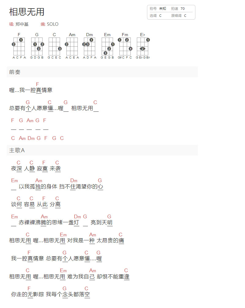相思无用吉他谱_郑中基_C调和弦弹唱谱_简单和弦版_图谱1