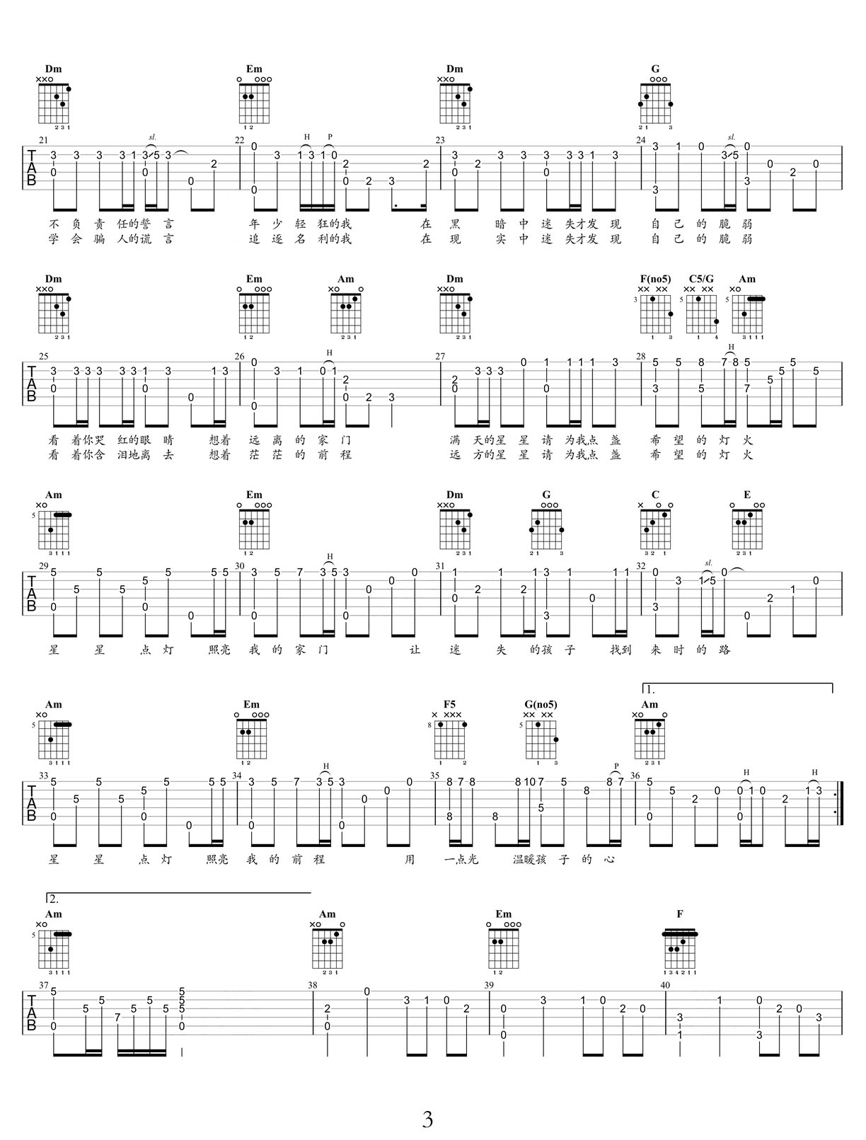 星星點(diǎn)燈吉他譜_鄭智化_C調(diào)指彈/獨(dú)奏譜_圖譜3