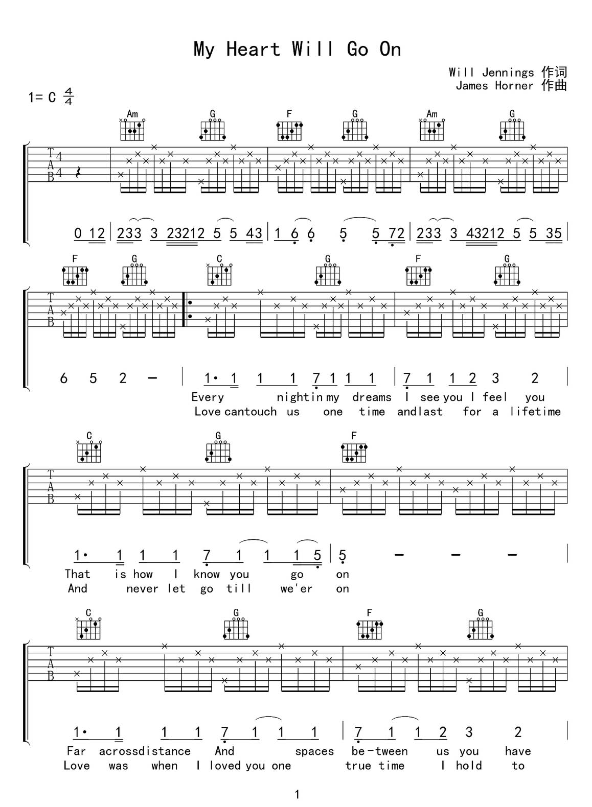 my heart will go on(我心永恒)吉他譜_席琳迪翁_C調(diào)和弦彈唱譜_圖譜1