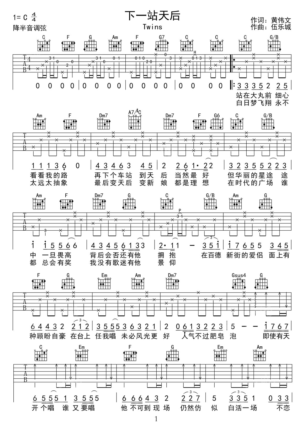 下一站天后吉他譜_Twins_C調(diào)和弦彈唱譜_同名電影主題曲_圖譜1