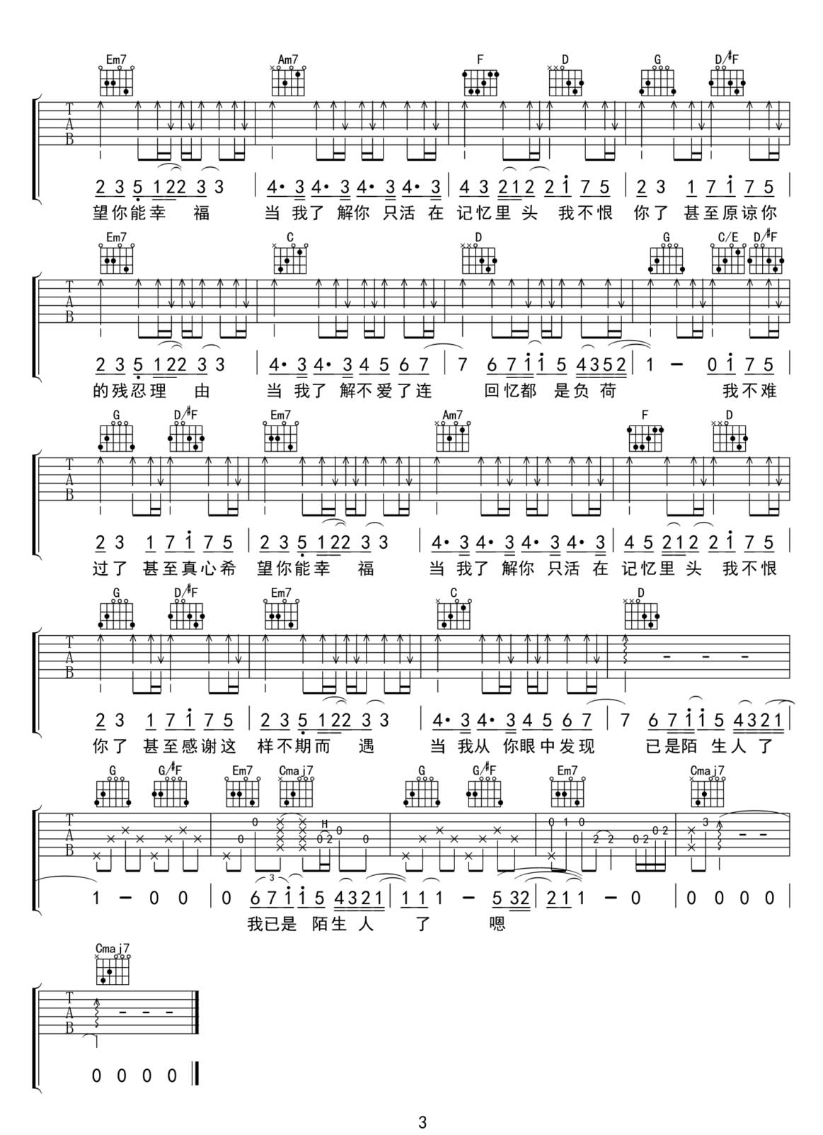 陌生人吉他譜_蔡健雅_(tái)G調(diào)和弦彈唱譜_高清重制版_圖譜3