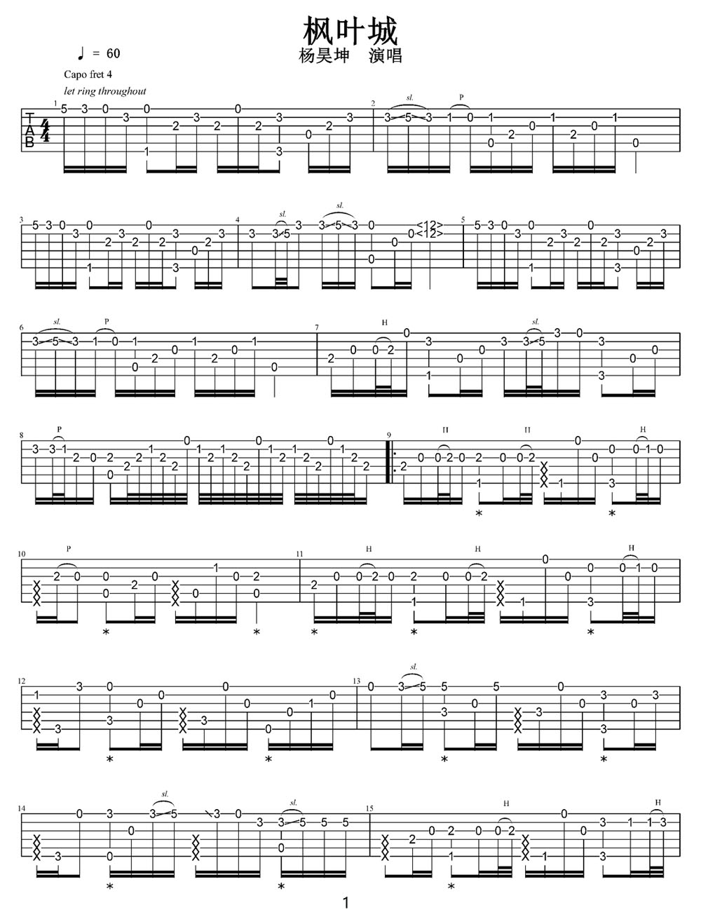 楓葉城吉他譜_楊昊昆_C調指彈/獨奏譜_高清重制版_圖譜1