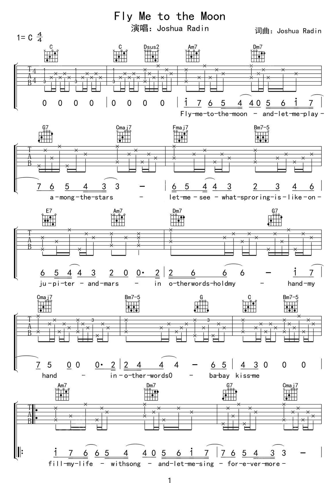 Fly Me To The Moon吉他譜_joshua radin_C調和弦彈唱譜_原版_圖譜1