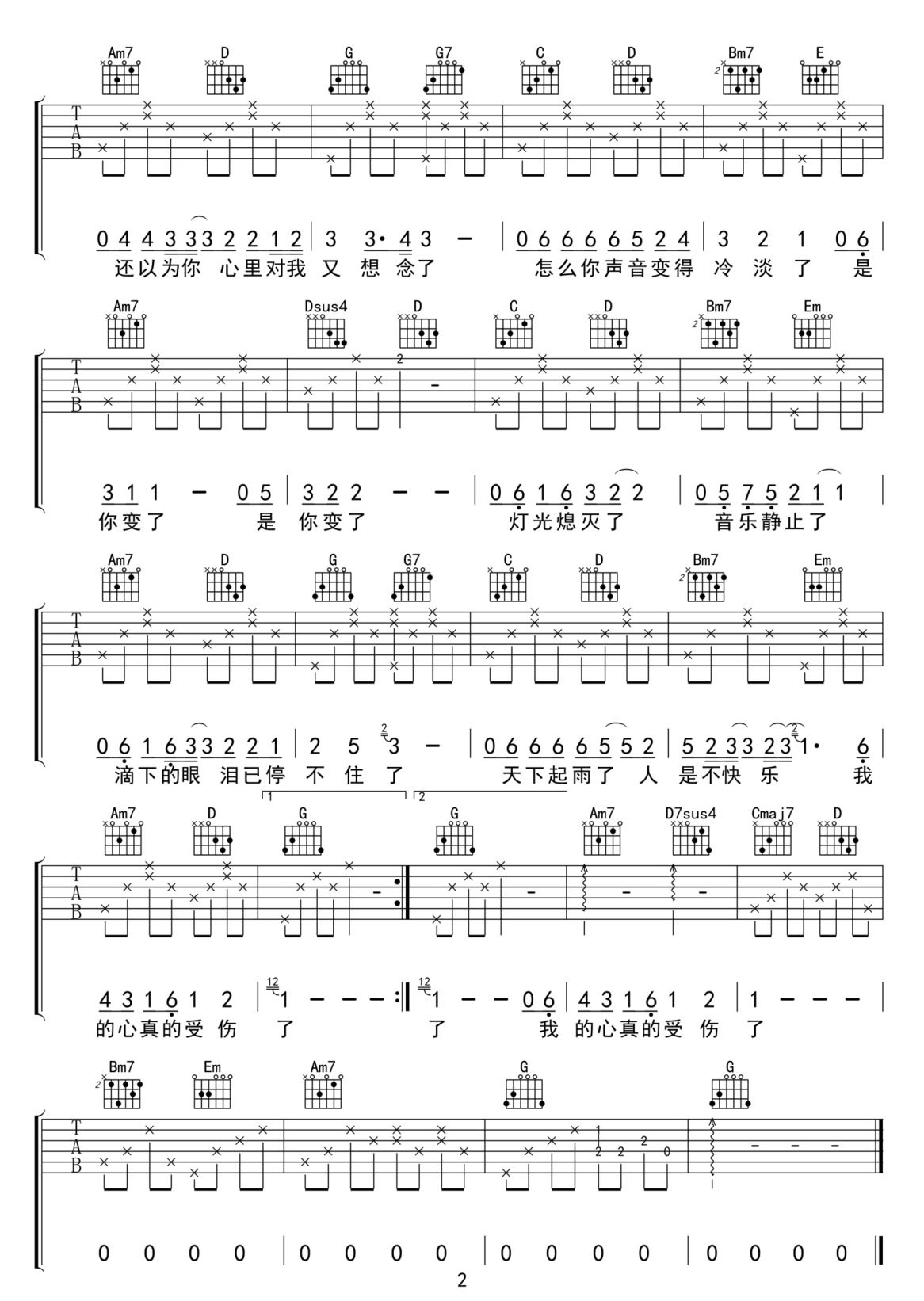 我真的受傷了吉他譜_張學友_G調(diào)和弦彈唱譜_高清重制版_圖譜2