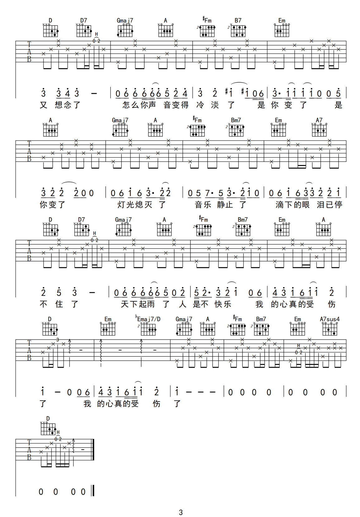 我真的受傷了吉他譜_王菀之_D調和弦彈唱譜_原版高清_圖譜3