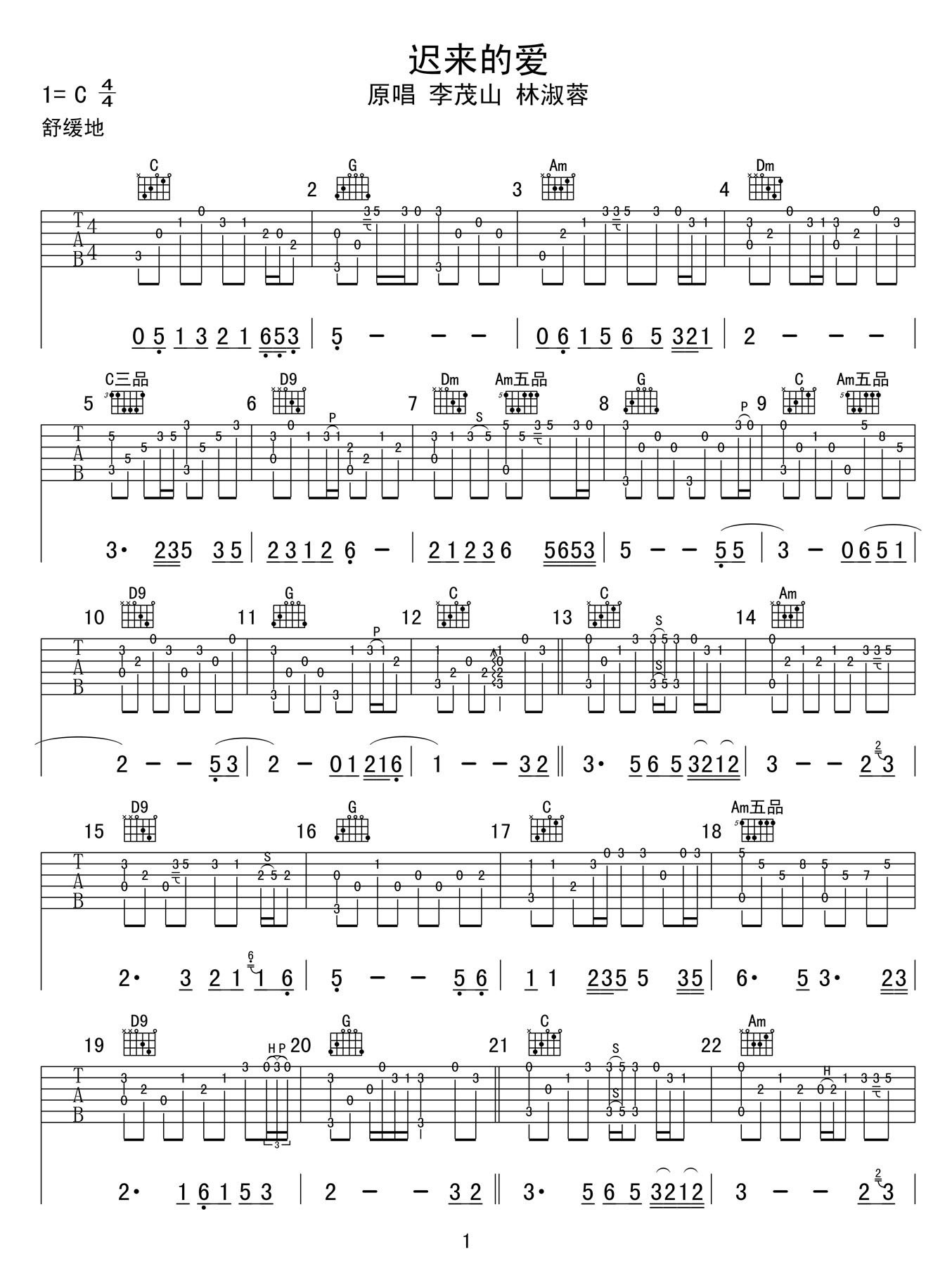 遲來(lái)的愛(ài)吉他譜_李茂山_C調(diào)指彈/獨(dú)奏譜_高清好聽(tīng)_圖譜1