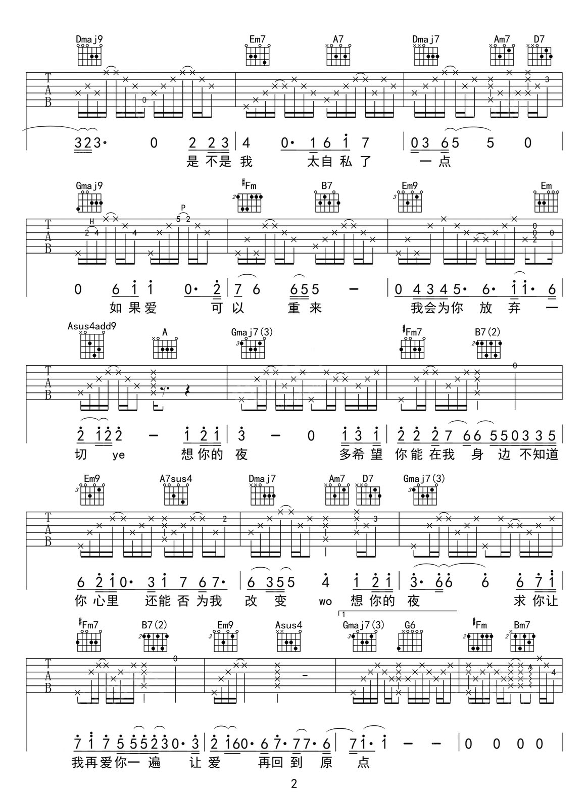 想你的夜吉他譜_關(guān)喆_C調(diào)和弦彈唱譜_原版高清_圖譜2