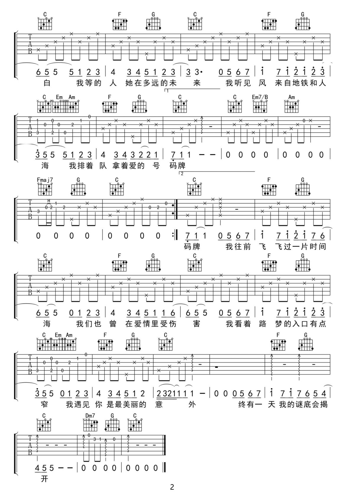 遇見吉他譜_孫燕姿_C調(diào)和弦彈唱譜_重制版_圖譜2