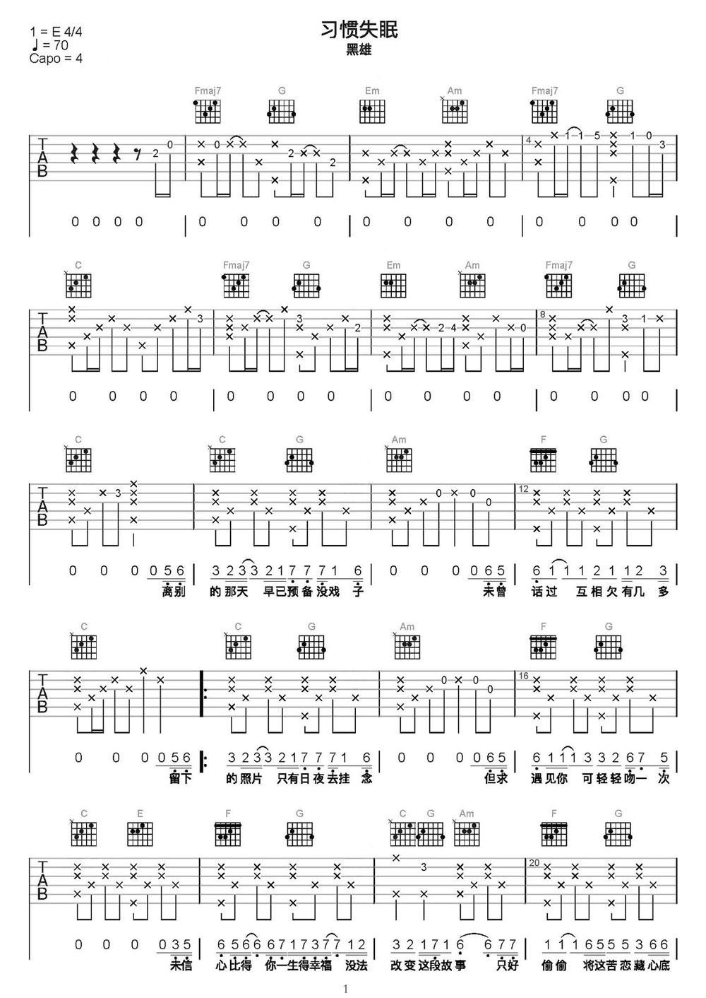 習(xí)慣失眠吉他譜_黑雄_C調(diào)和弦彈唱譜_圖譜1