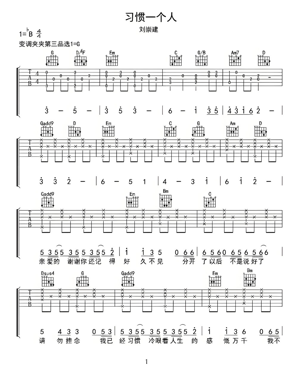 習(xí)慣一個人吉他譜_劉崇健_G調(diào)和弦彈唱譜_原版高清_圖譜1