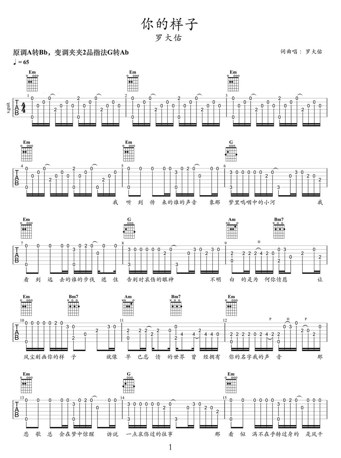 你的樣子吉他譜_羅大佑_G調(diào)指彈/獨奏譜_圖譜1