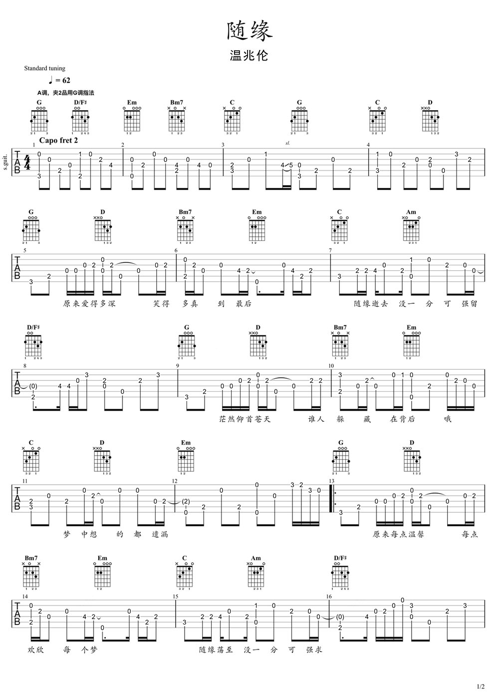 隨緣吉他譜_溫兆倫_G調(diào)指彈/獨奏譜_太極張三豐_圖譜1
