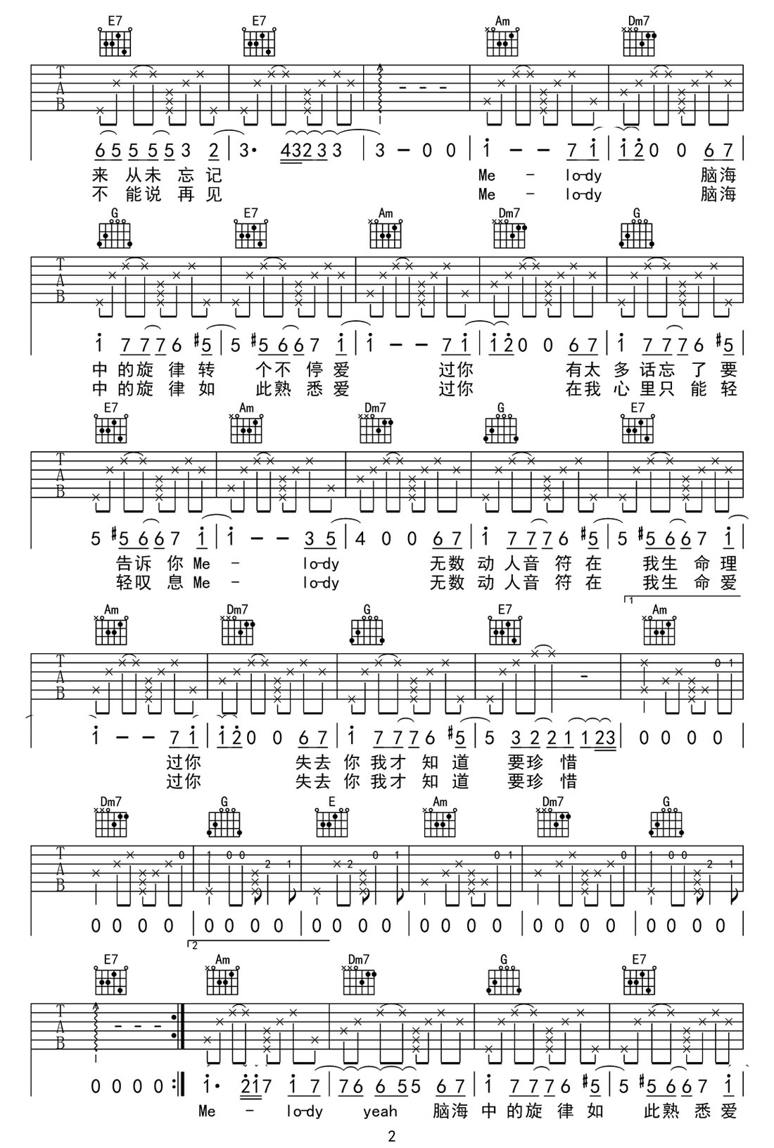 Meloey吉他譜_林俊杰_C調(diào)和弦彈唱譜_高清原版_圖譜2