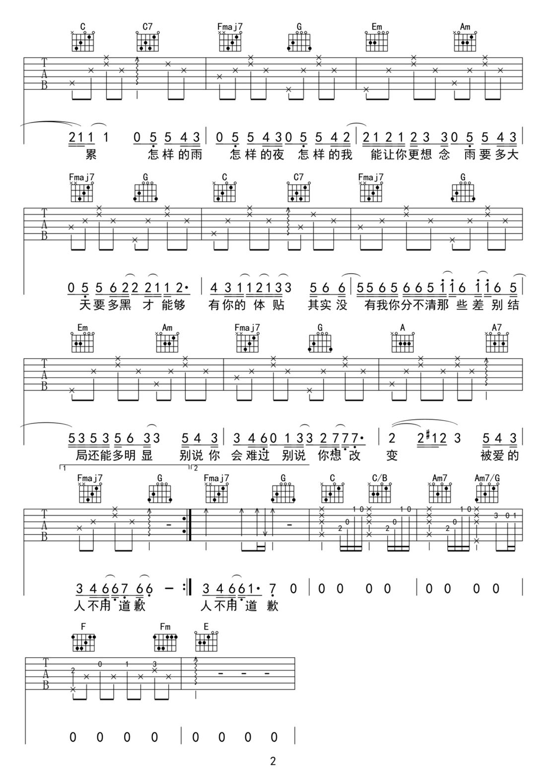 下雨天吉他譜_南拳媽媽_C調和弦彈唱譜_圖譜2