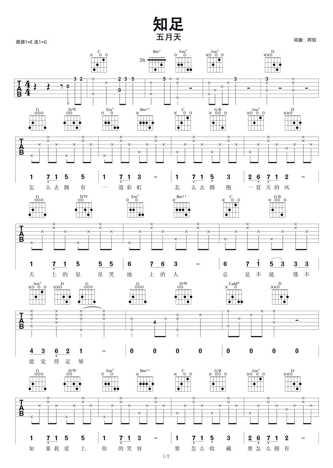 知足吉他譜_五月天_G調和弦彈唱譜_圖譜1
