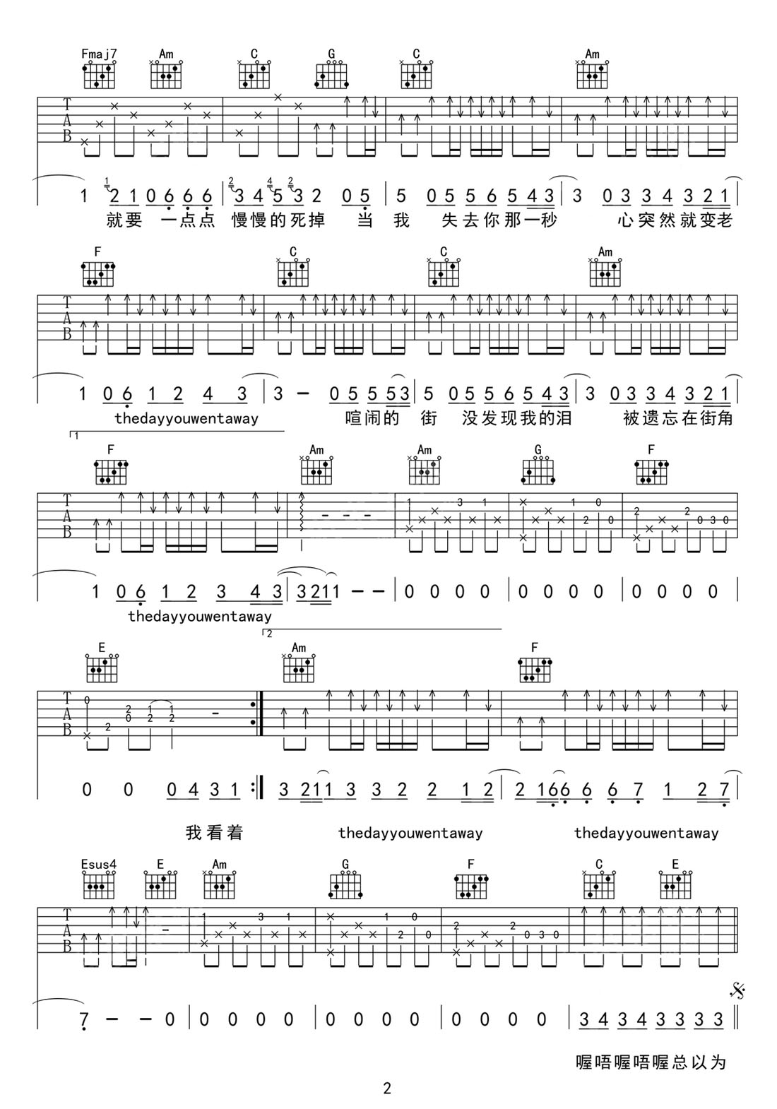 第一次愛的人吉他譜_王心凌_C調(diào)和弦彈唱譜_高清完美版_圖譜2