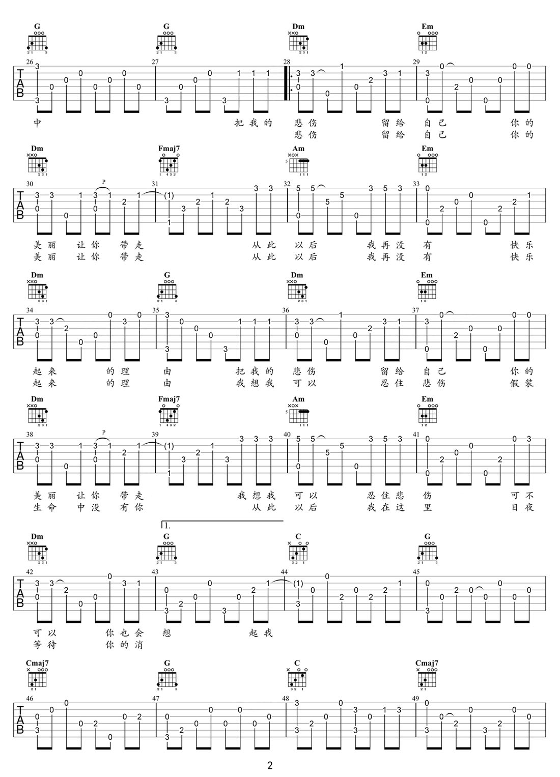 把悲傷留給自己吉他譜_陳升_C調(diào)指彈/獨(dú)奏譜_重制版_圖譜2
