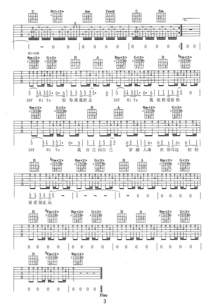 穿越人海吉他譜_張杰_C調(diào)和弦彈唱譜_圖譜3