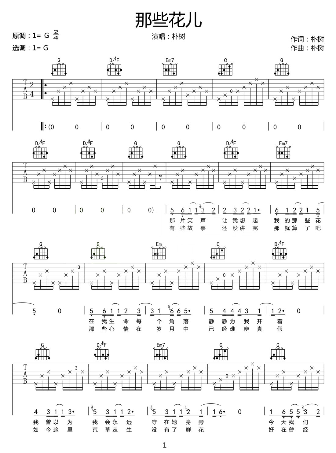 那些花兒吉他譜_樸樹_G調和弦彈唱譜_高清重制版_圖譜1