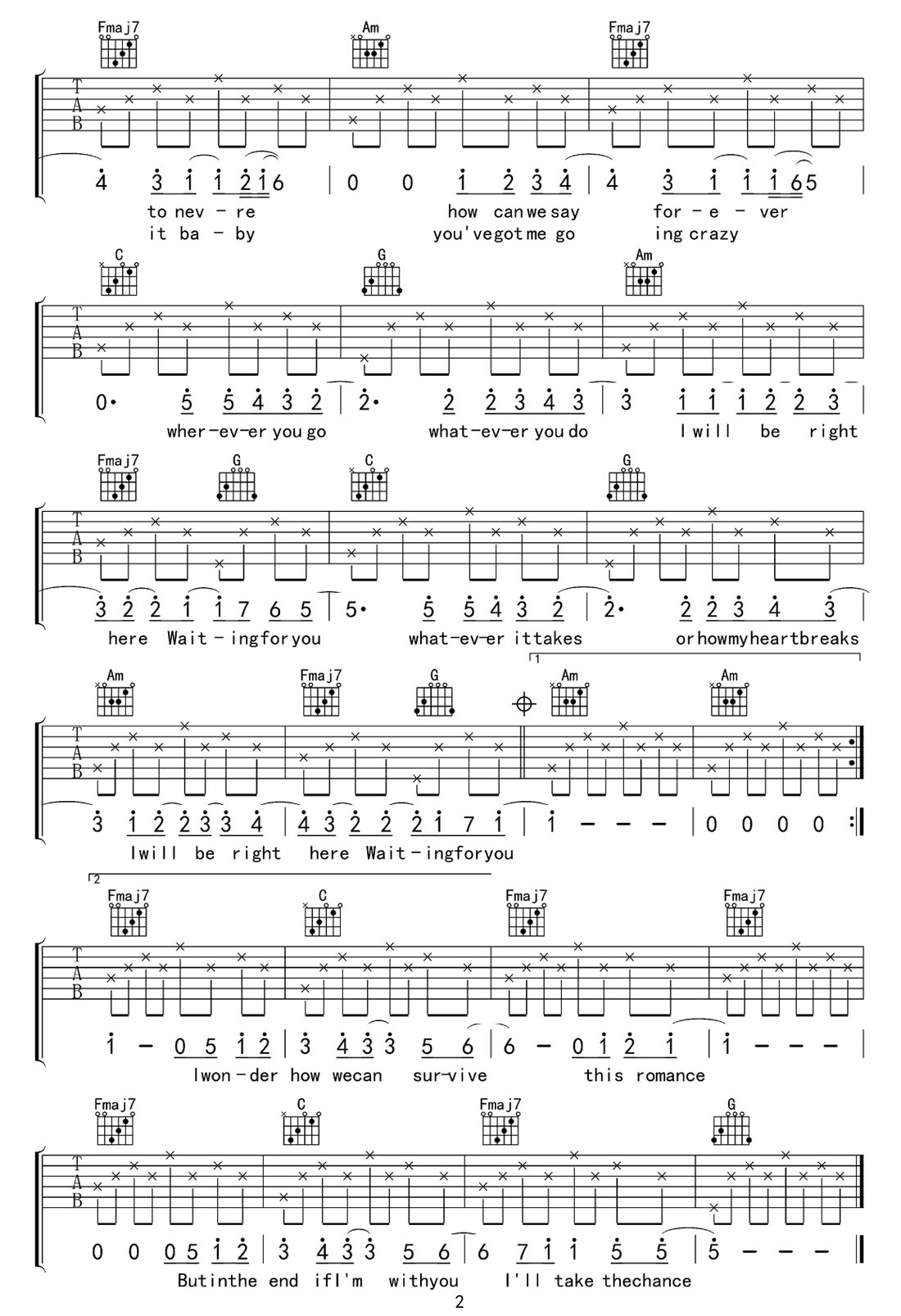 Right Here Waiting吉他譜_阿杜_(tái)C調(diào)和弦彈唱譜_高清重制版_圖譜2