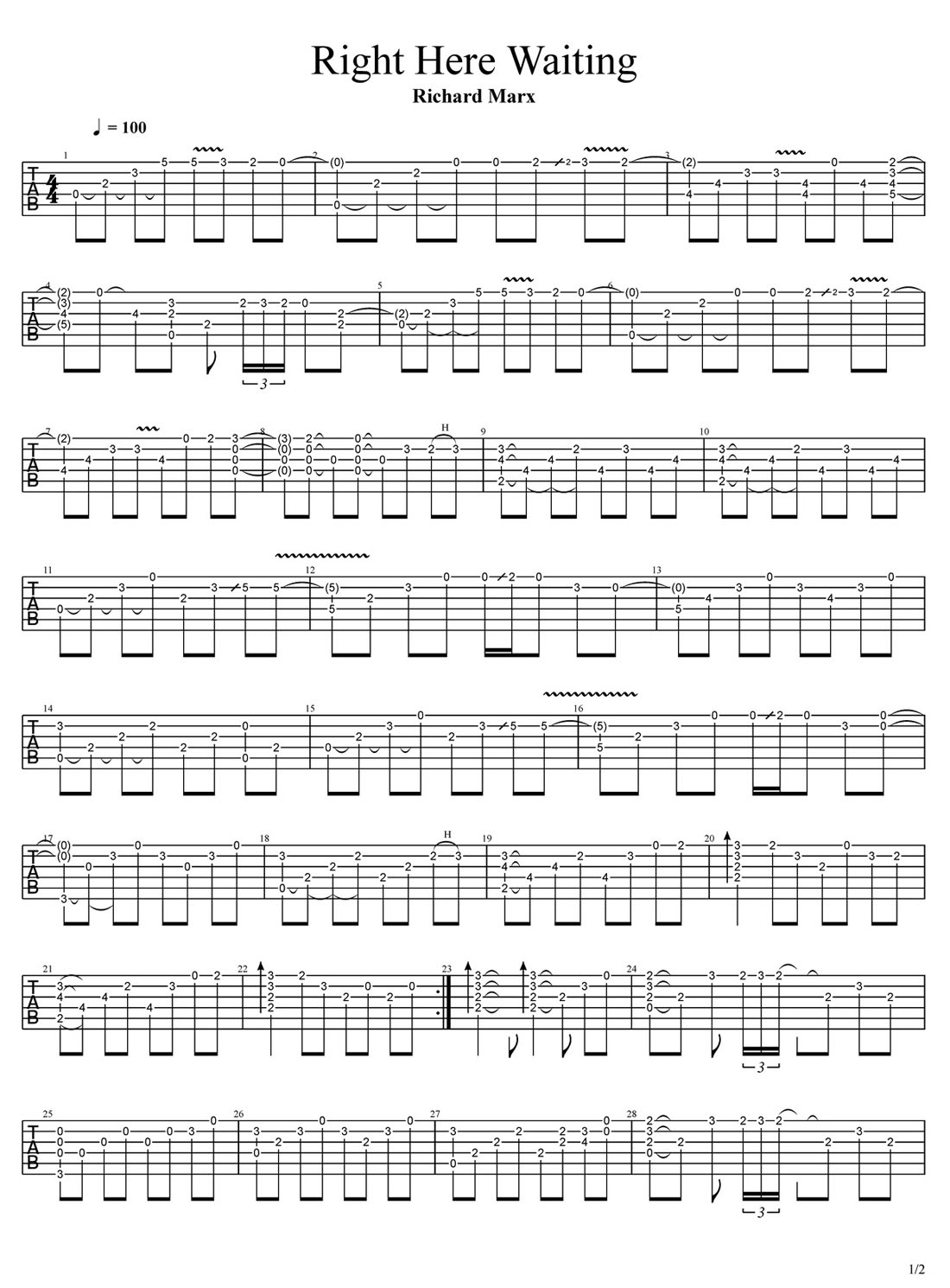 right here waiting(此情可待)吉他譜_Richard Marx_C調(diào)指彈/獨(dú)奏譜_高清_圖譜1