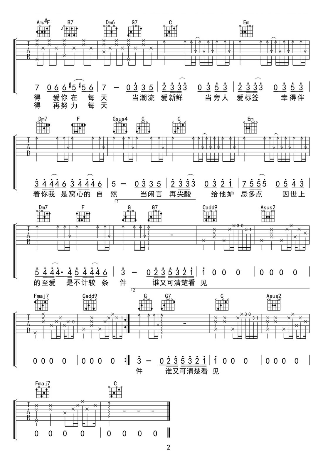 無(wú)條件吉他譜_陳奕迅_C調(diào)和弦彈唱譜_高清_圖譜2