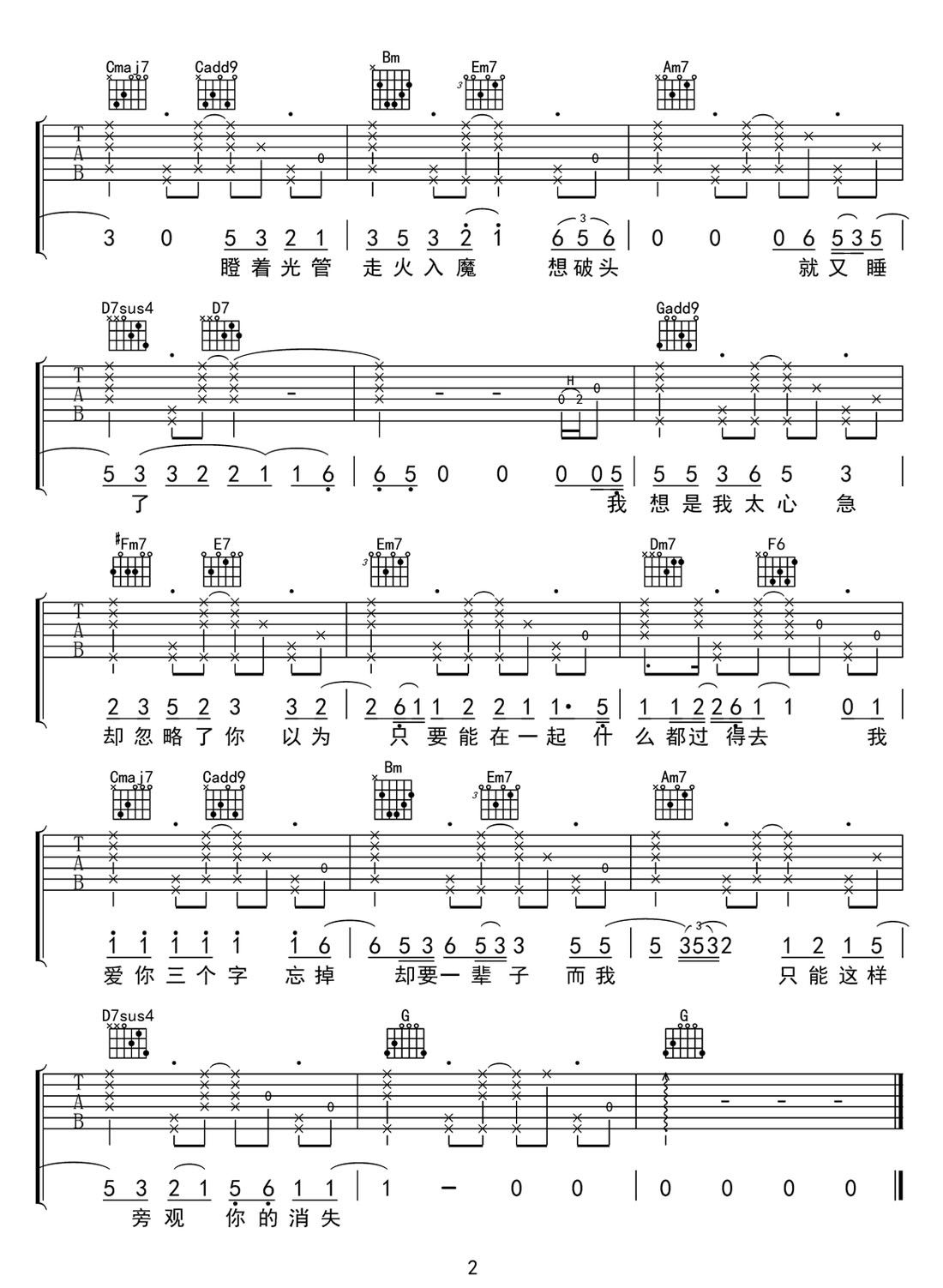 瘦子吉他譜_丁世光_G調(diào)和弦彈唱譜_原版改編_圖譜2