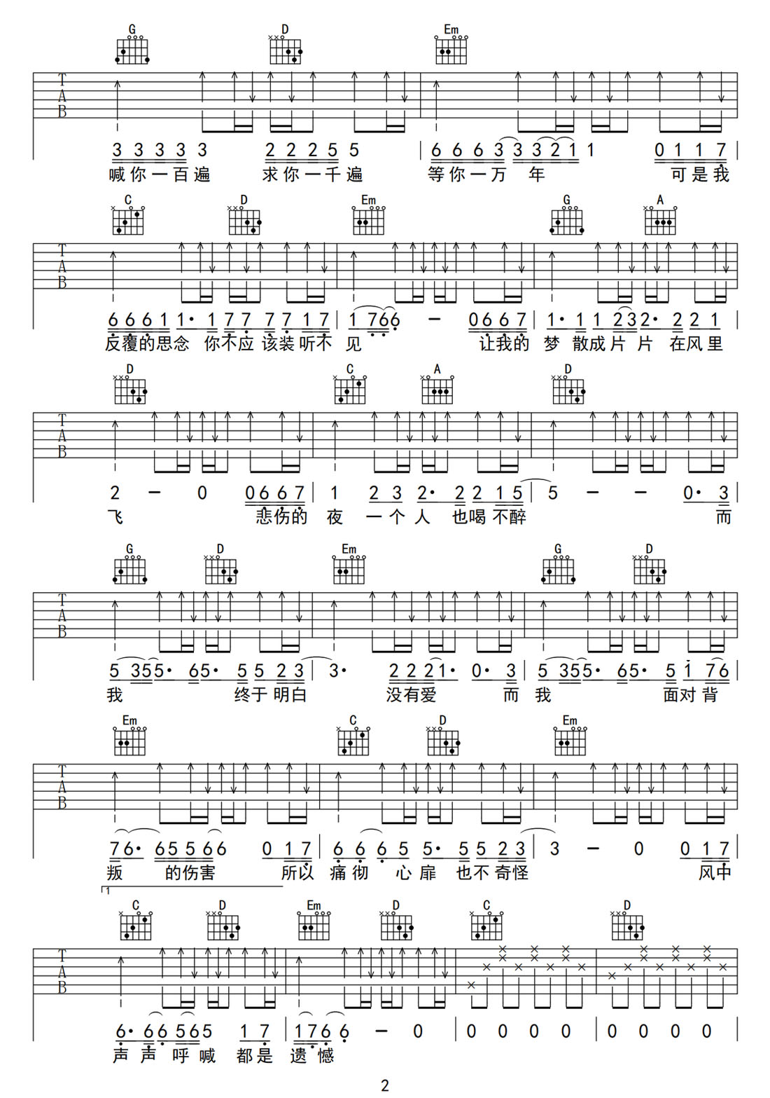 風中的遺憾吉他譜_王力宏_G調(diào)和弦彈唱譜_圖譜2