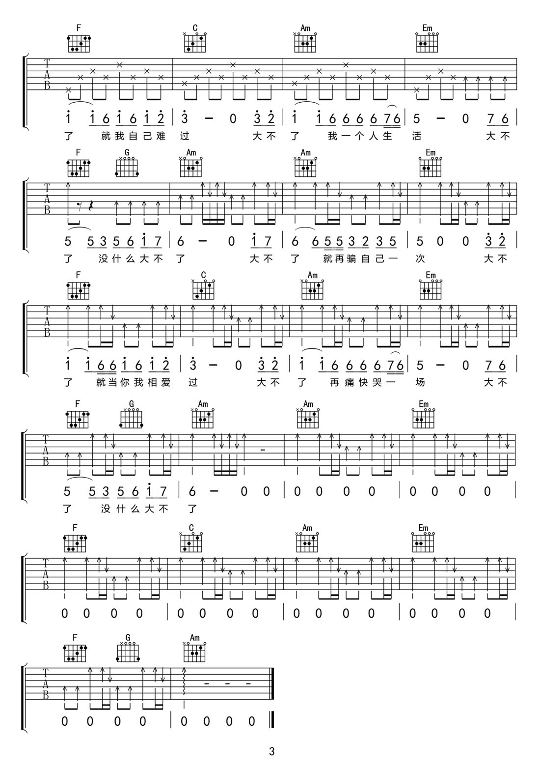 大不了吉他譜_郭有才_(tái)C調(diào)和弦彈唱譜_高清掃弦版_圖譜3