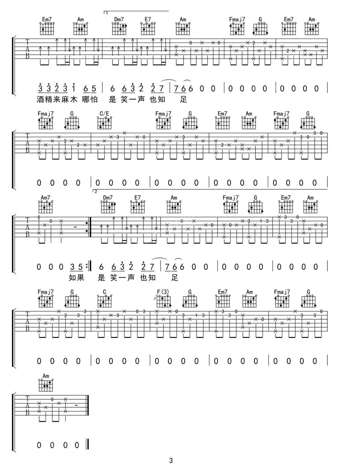 我是夜里的孤獨吉他譜_大美_C調(diào)和弦彈唱譜_圖譜3