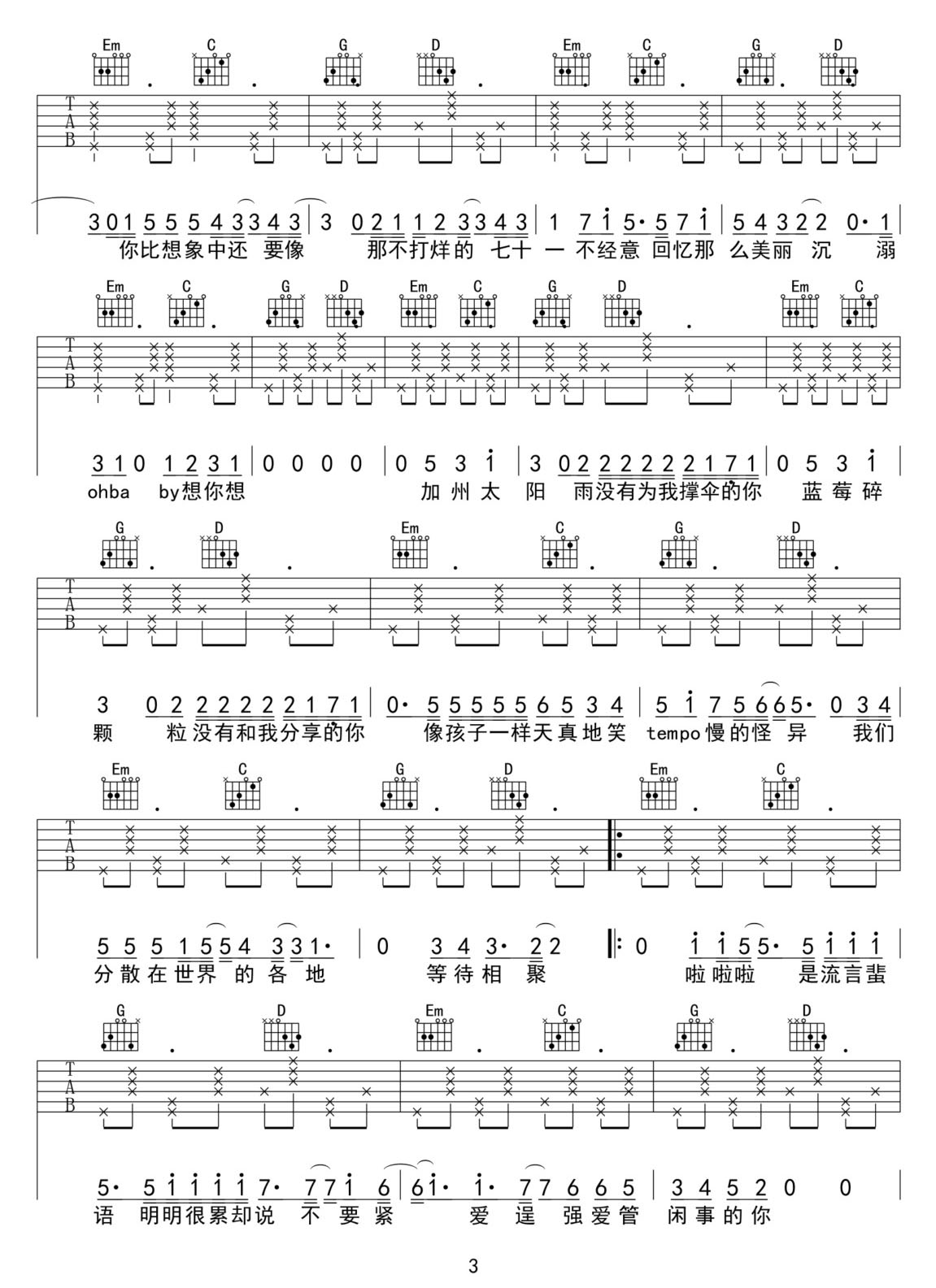 我的711吉他譜_張葉蕾_G調(diào)和弦彈唱譜_高清原版_圖譜3