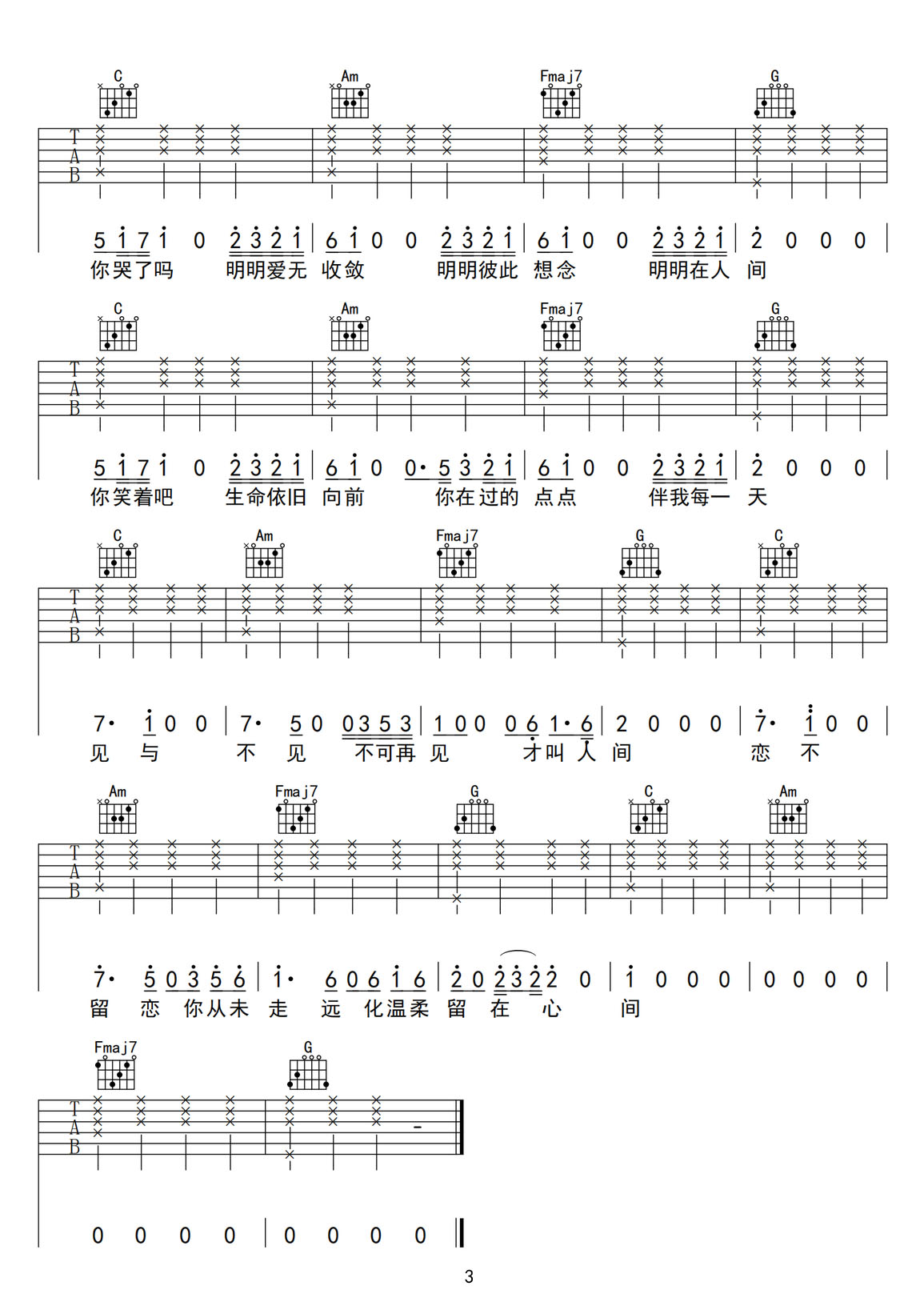 見(jiàn)與不見(jiàn)吉他譜_張碧晨_C調(diào)和弦彈唱譜_原版改編_圖譜3