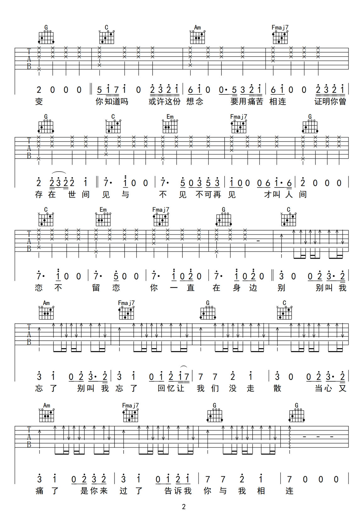 見(jiàn)與不見(jiàn)吉他譜_張碧晨_C調(diào)和弦彈唱譜_原版改編_圖譜2