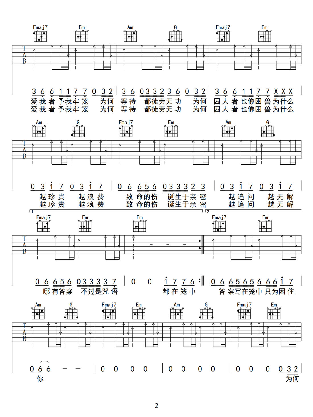 籠吉他譜_張碧晨_C調(diào)和弦彈唱譜_消失的她片尾曲高清_圖譜2